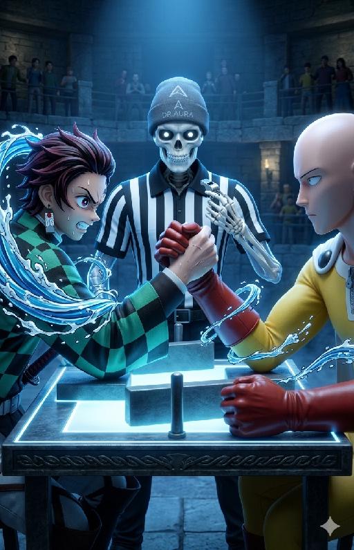 Tanjiro Vs Saitama AI effects generated image