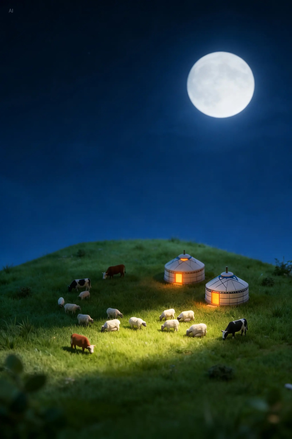 Seedream v4.5 – 3D miniature night scene with warm lighting, generated on vivago AI