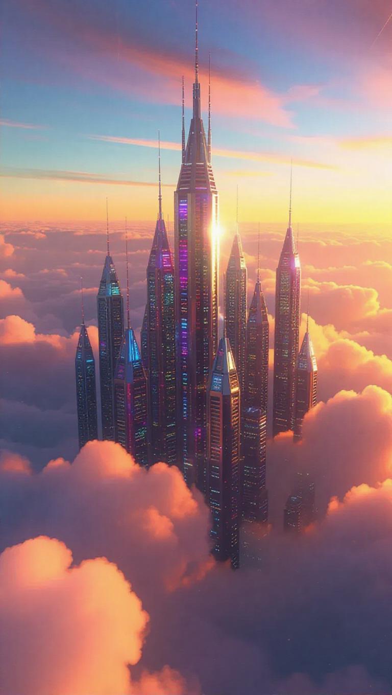 Floating high above the clouds, a breathtaking futuristic city shimmers ...