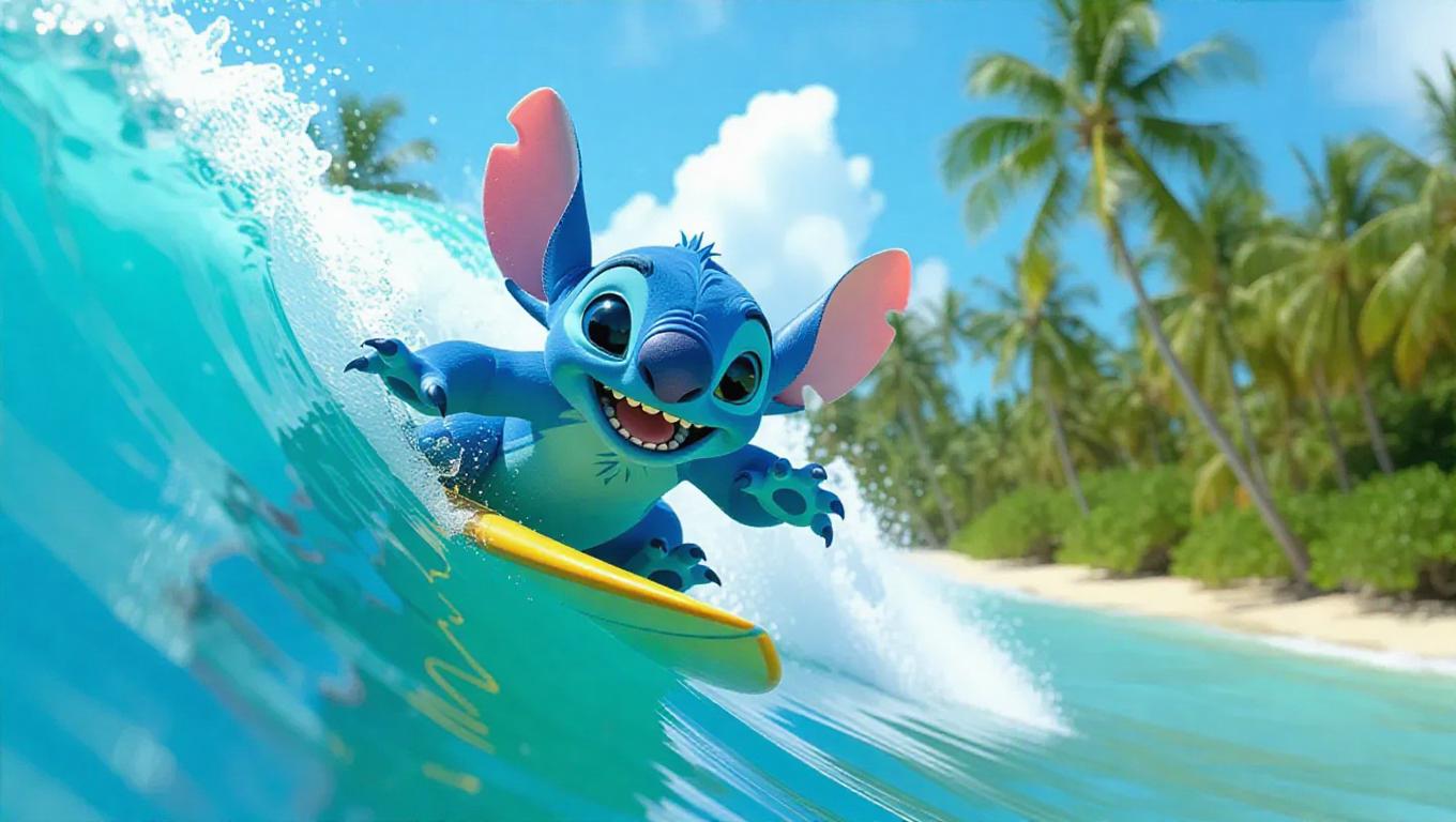 AI-Generated Stitch Surfing Hawaiian Beach Images/Videos | vivago.ai