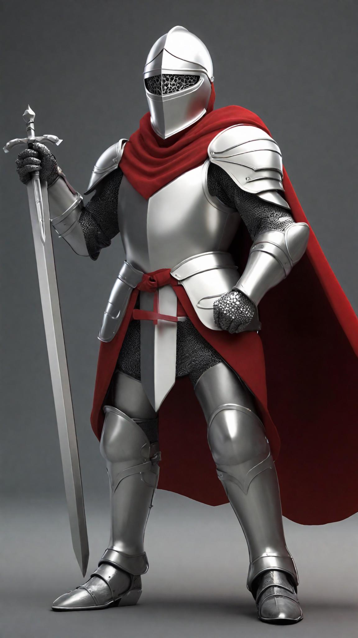 A 3D knight clad in silver armor and a flowing red cape stands proudly ...