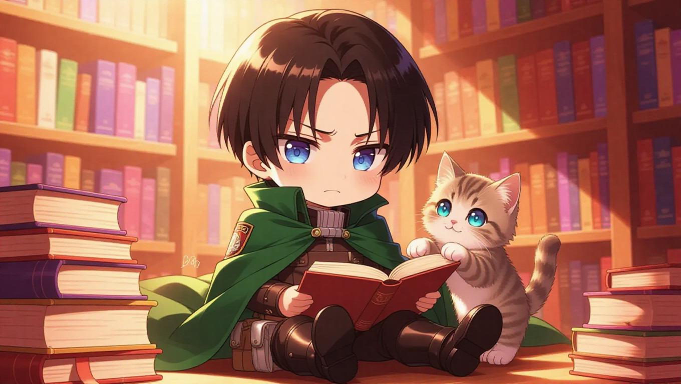 Chibi Library AI-Generated Chibi Levi Ackerman & Fluffy Kitten in Cozy Library Images ...