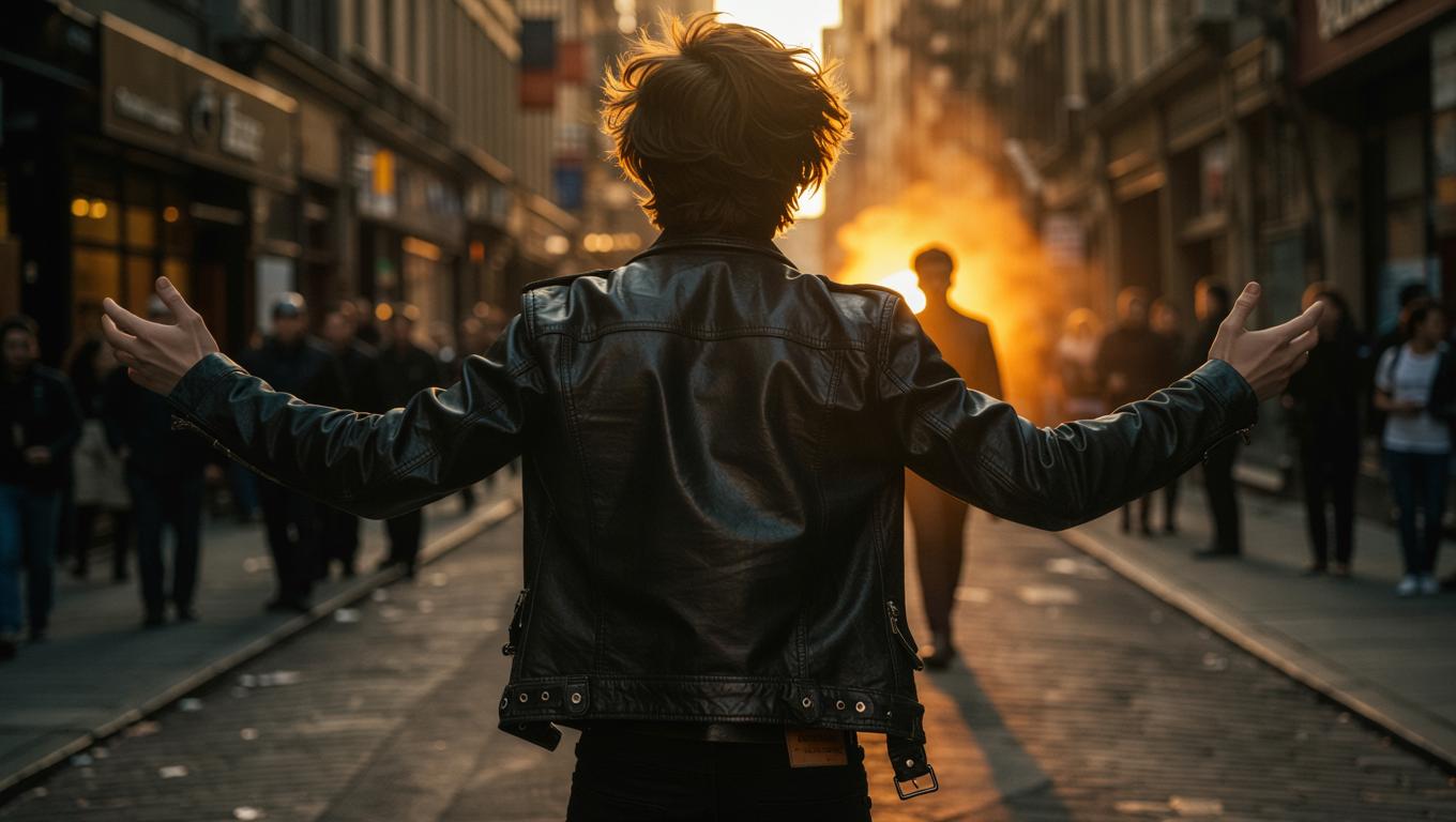 Bottom Rocker Street A young rocker stands on a bustling city street, his back to the viewer ...