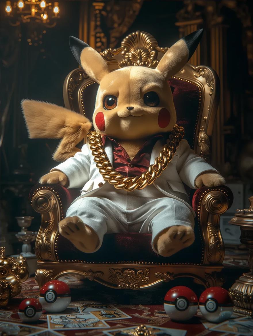 Pikachu with hyperrealistic fur, dressed in a crisp white suit and ...