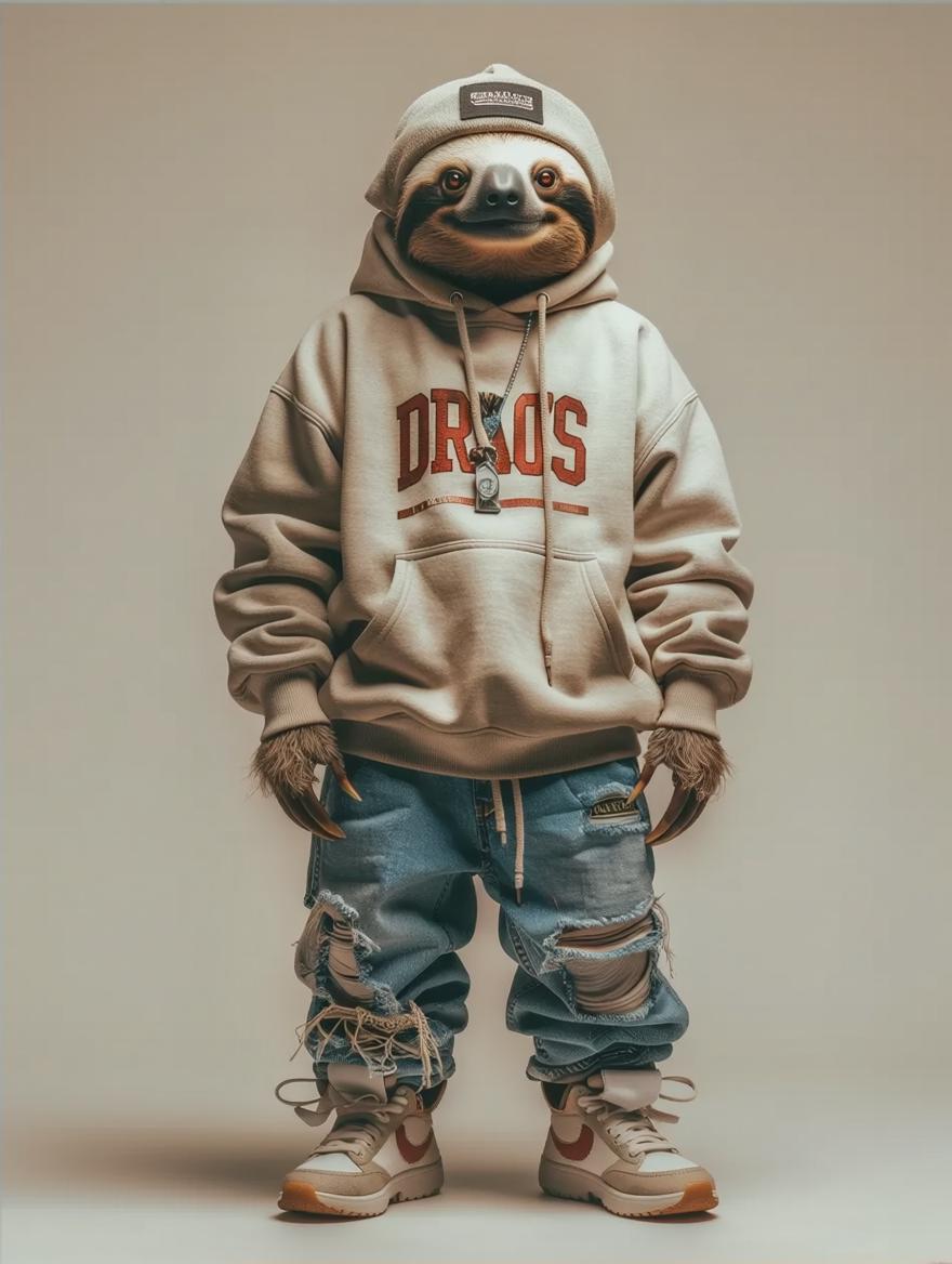 Anthropomorphic sloth standing on two legs wearing streetwear clothes ...