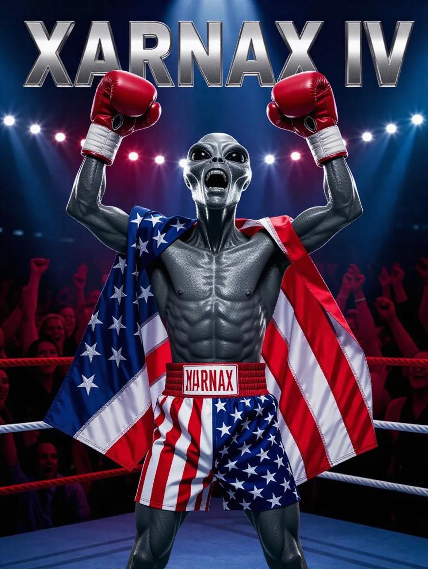 cinematic 1980s-style movie poster of a triumphant grey alien boxer ...