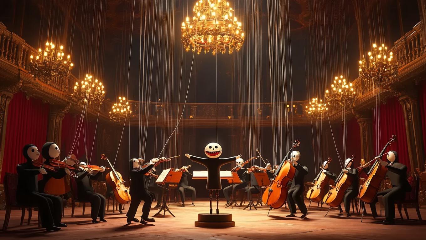 In a grand hall, a puppet orchestra performs, each musician's strings ...