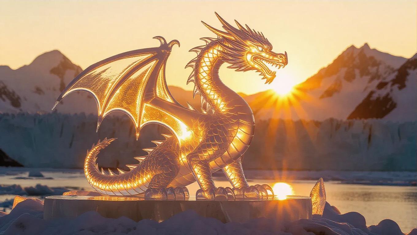 An ice sculpture of a majestic dragon standing tall, illuminated by the ...