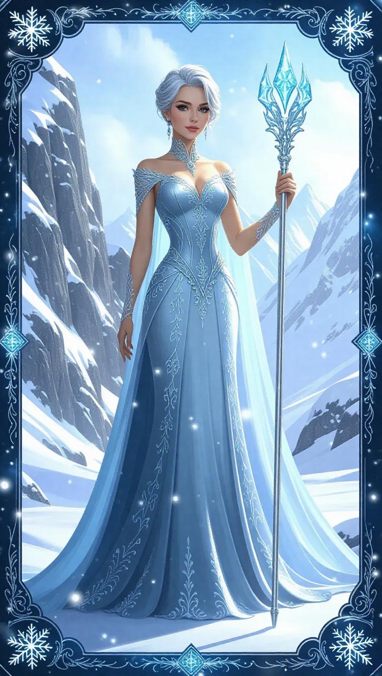 A regal ice queen with short shimmering gray hair, adorned in a flowing ...