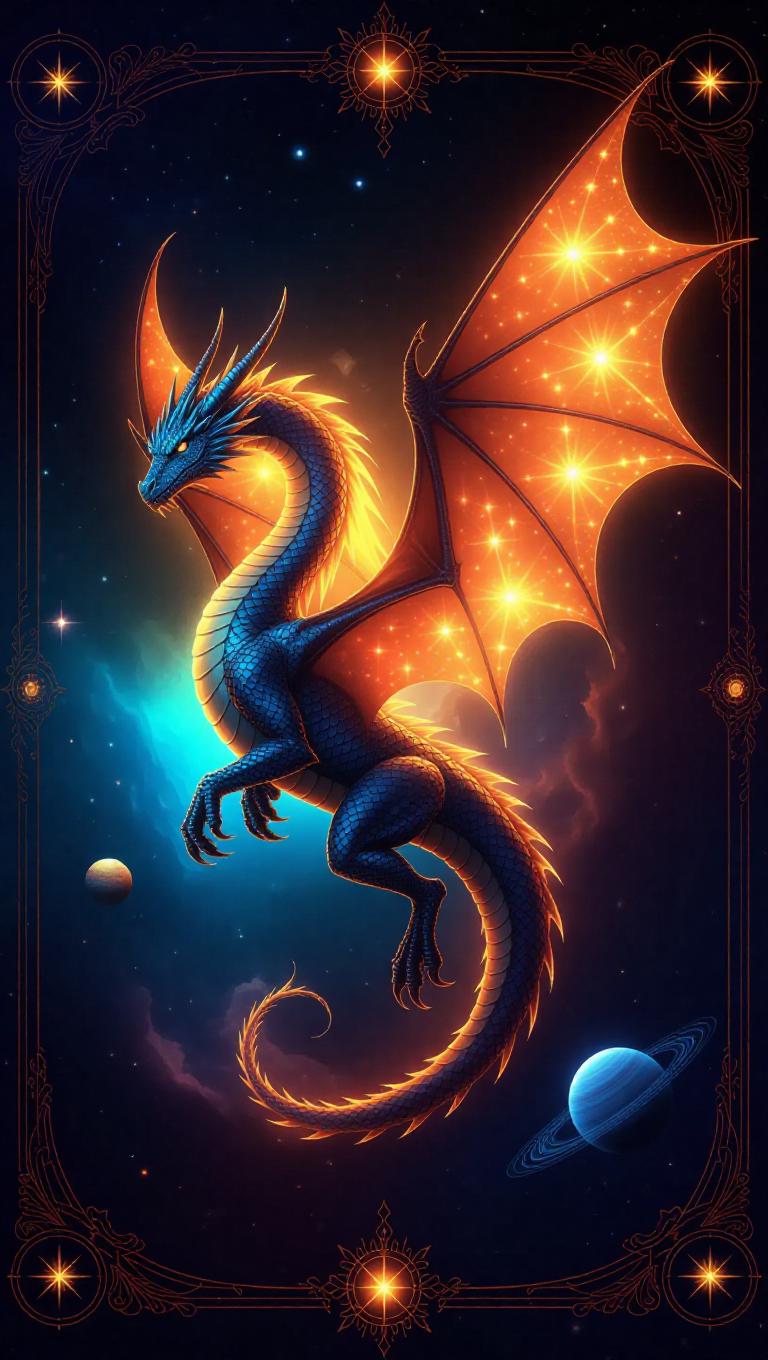 A celestial dragon rises from stardust, its wings ablaze with nebula ...