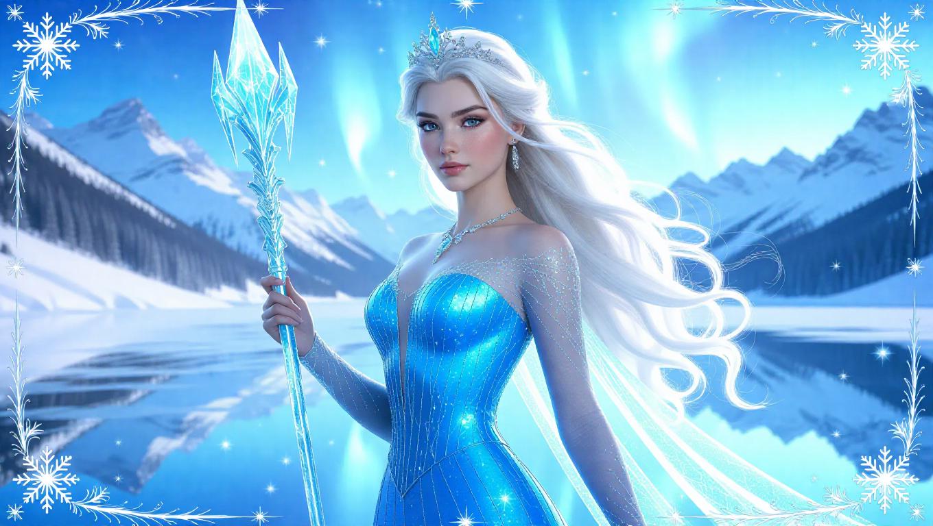 A regal ice queen with flowing platinum blonde hair, adorned in a ...