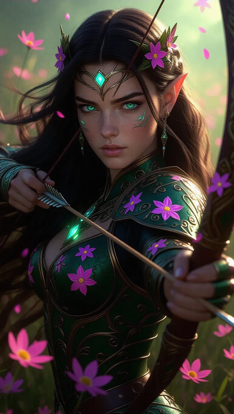 A fierce elven archer queen with bright turquoise eyes and thick dark ...