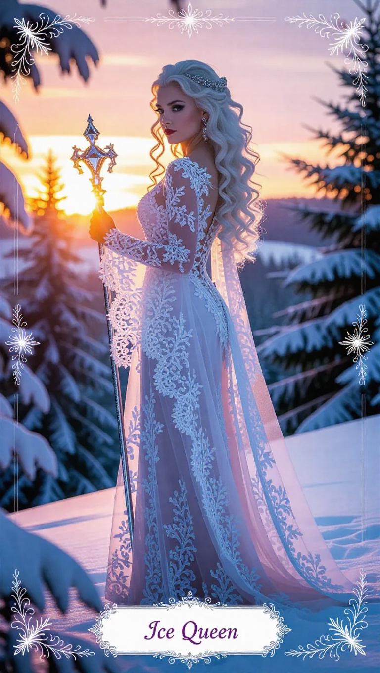 A regal ice queen with loose curly white hair, adorned in a lace gown ...