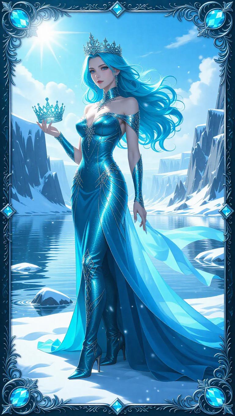 A regal ice queen with flowing electric blue hair, adorned in a ...