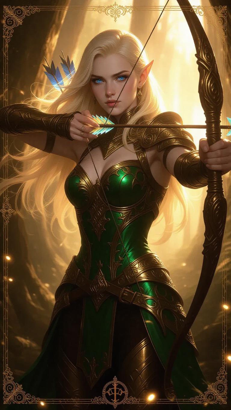 A fierce elven archer queen with sapphire blue eyes and golden flowing ...
