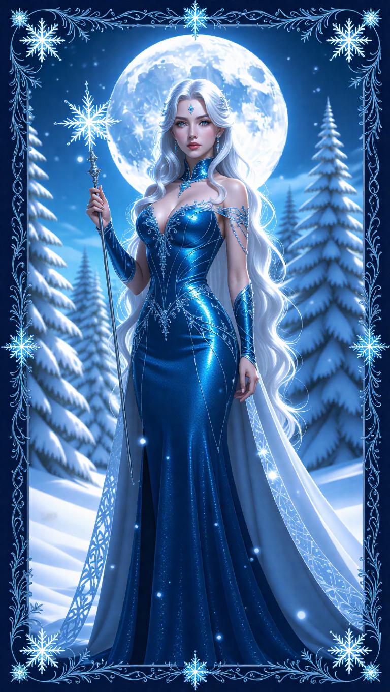 A regal ice queen with majestic long silver hair, adorned in a ...