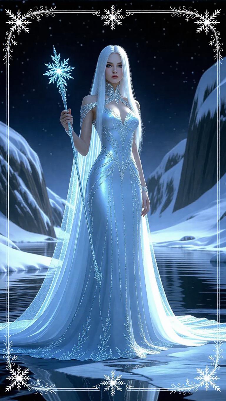 A regal ice queen with straight silver hair, adorned in an opalescent ...