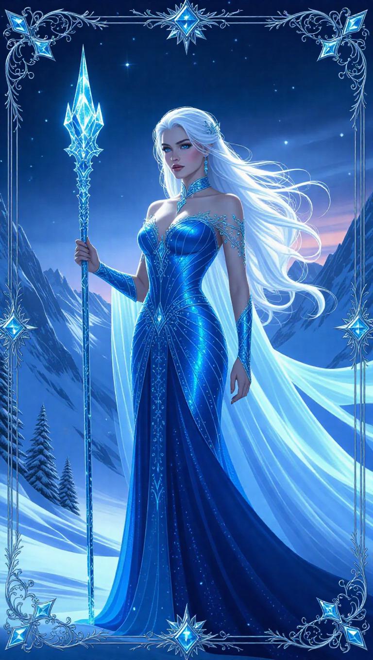 A regal ice queen with loose flowing white and blue hair, adorned in a ...