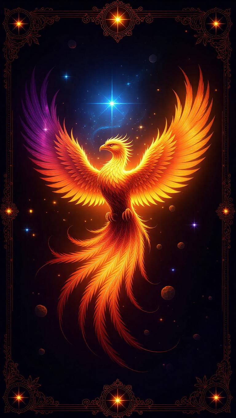 Magic Phoenix A celestial phoenix rises from stardust, its wings ablaze with nebula ...