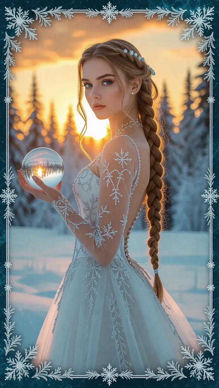 A regal ice queen with braided golden hair, adorned in a tulle gown ...