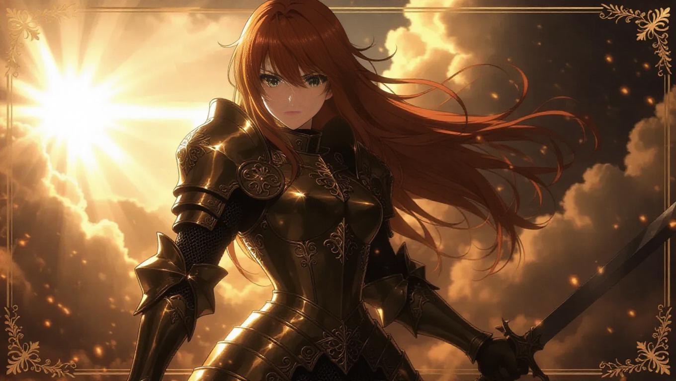 A fierce anime-style female knight, clad in rugged armor with intricate ...