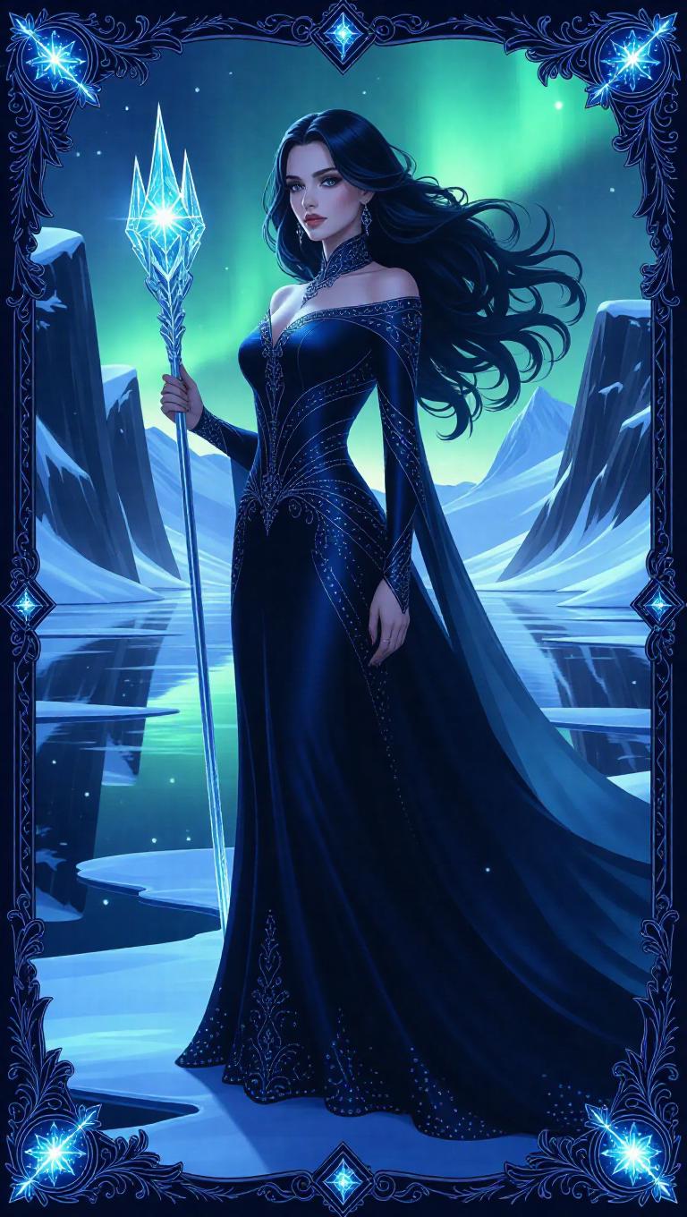 A regal ice queen with flowing dark blue hair, adorned in a silk gown ...