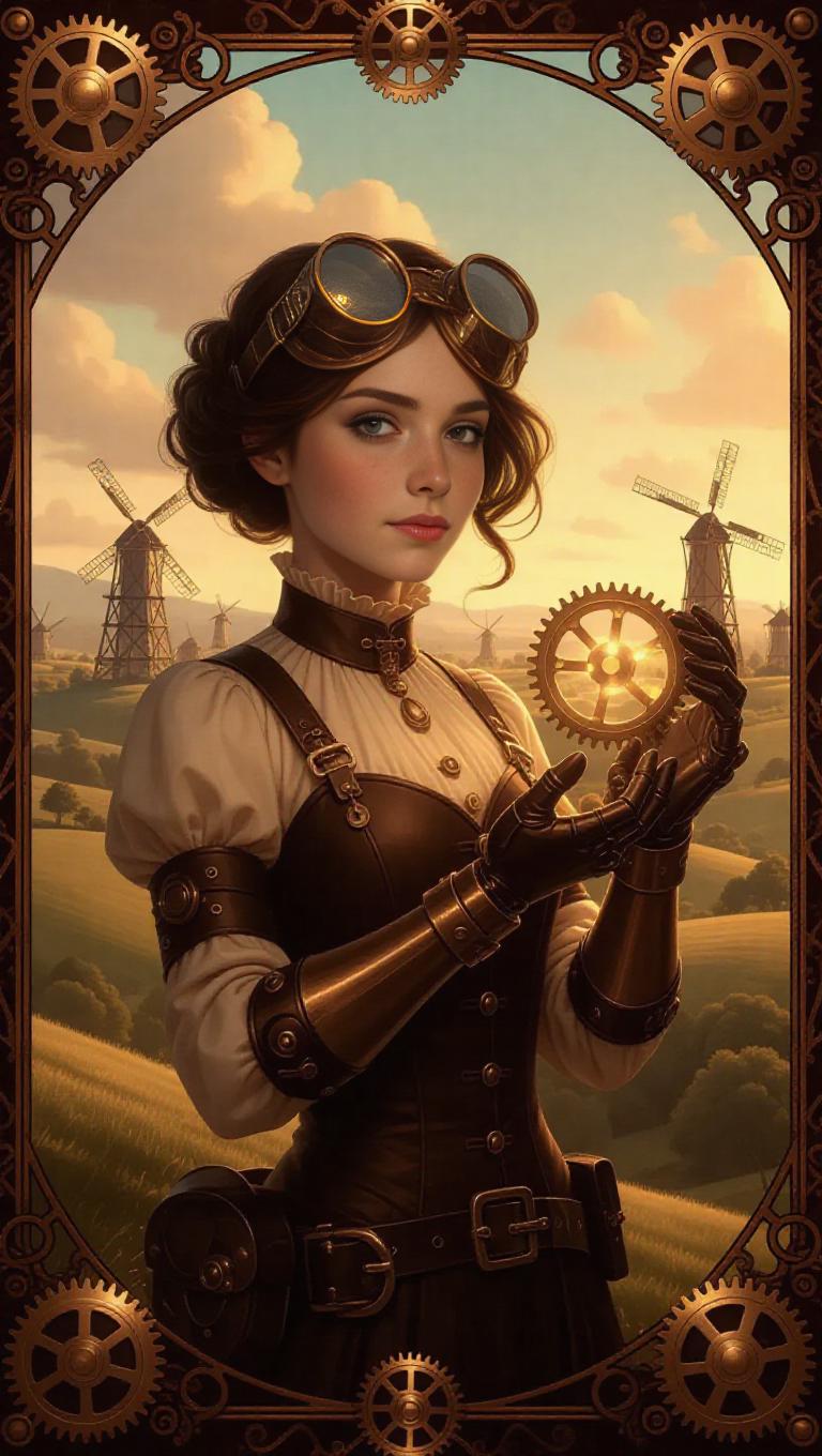 A steampunk inventor girl with a mechanical arm and flying goggles ...