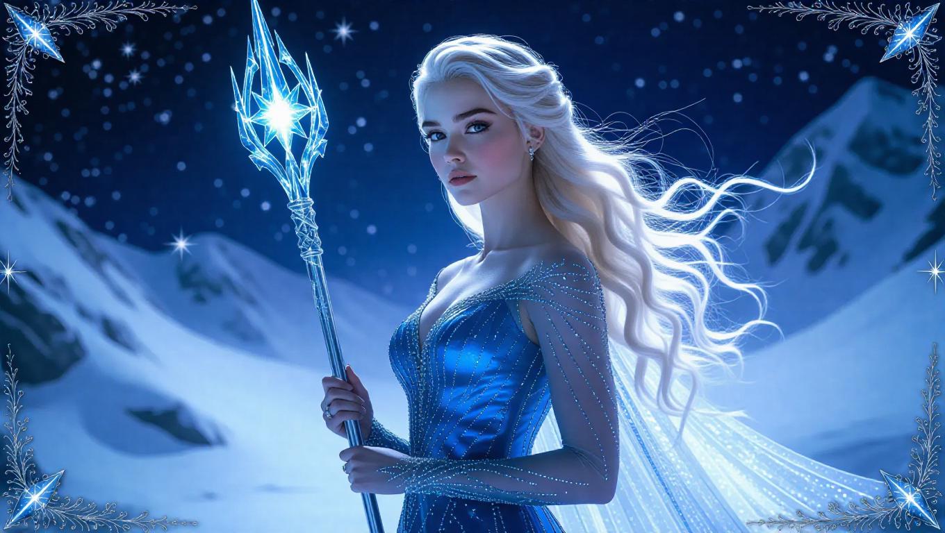 A regal ice queen with wavy pale gold hair, adorned in a sparkling gown ...