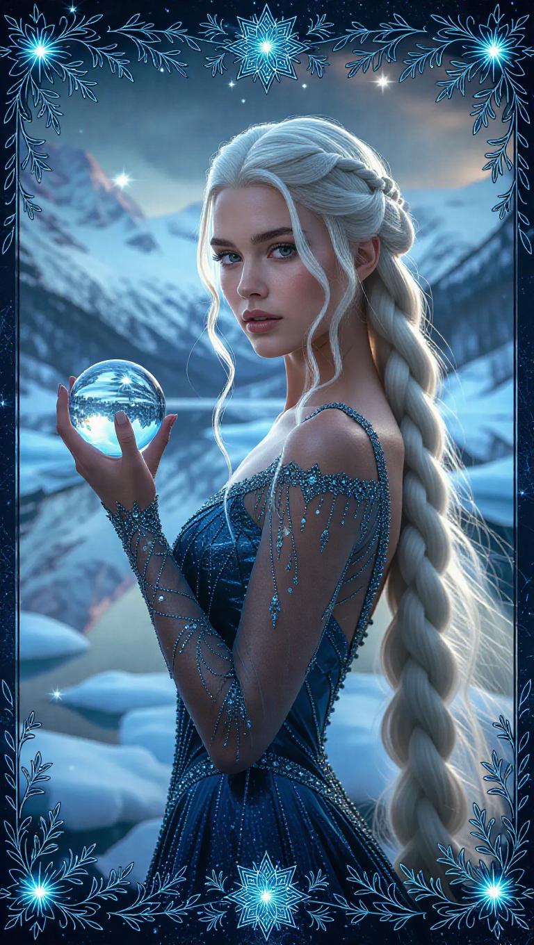 A regal ice queen with plaited ashy hair, adorned in a glimmering gown ...