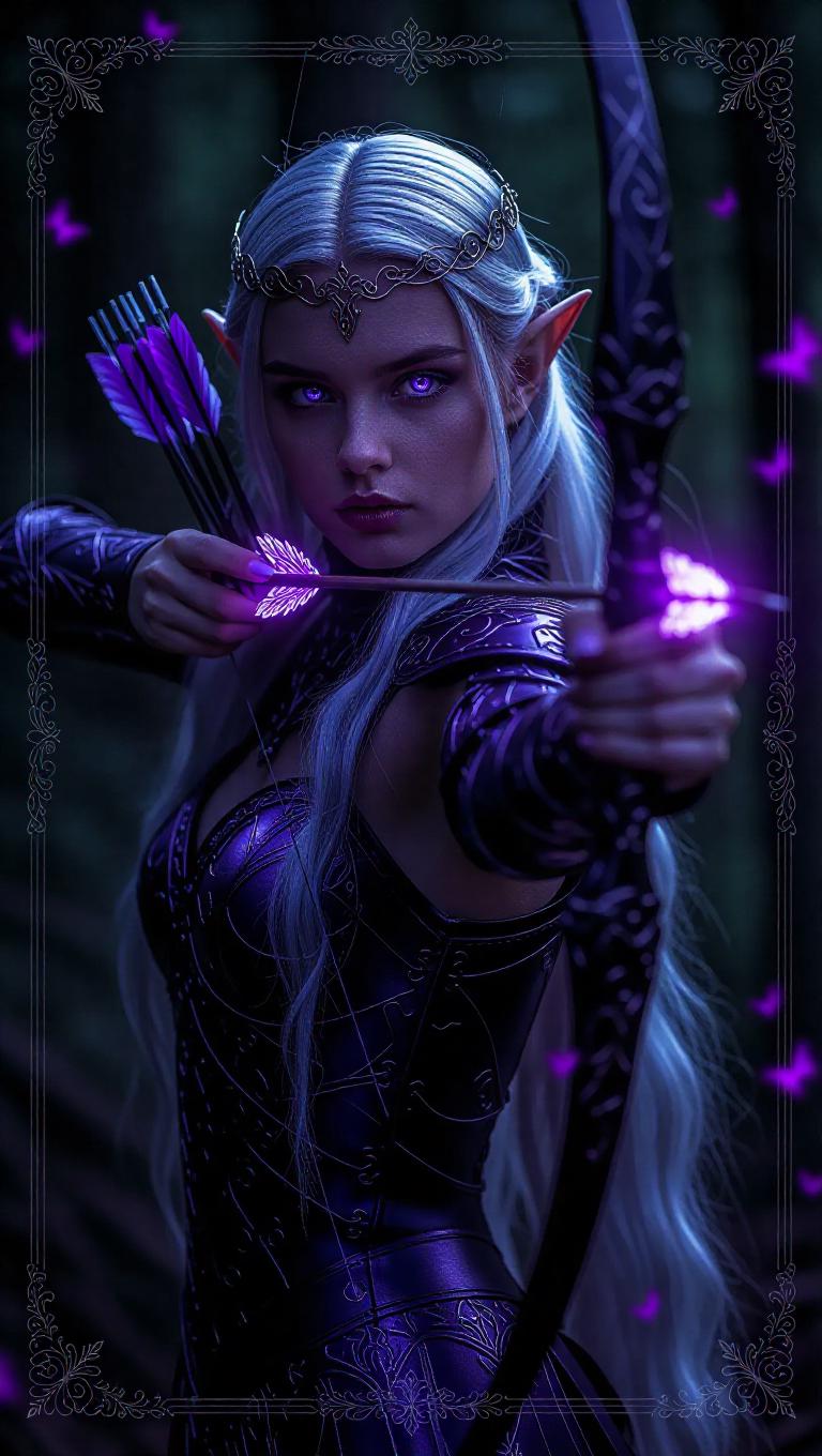 A graceful elven archer queen with deep purple eyes and long silver ...
