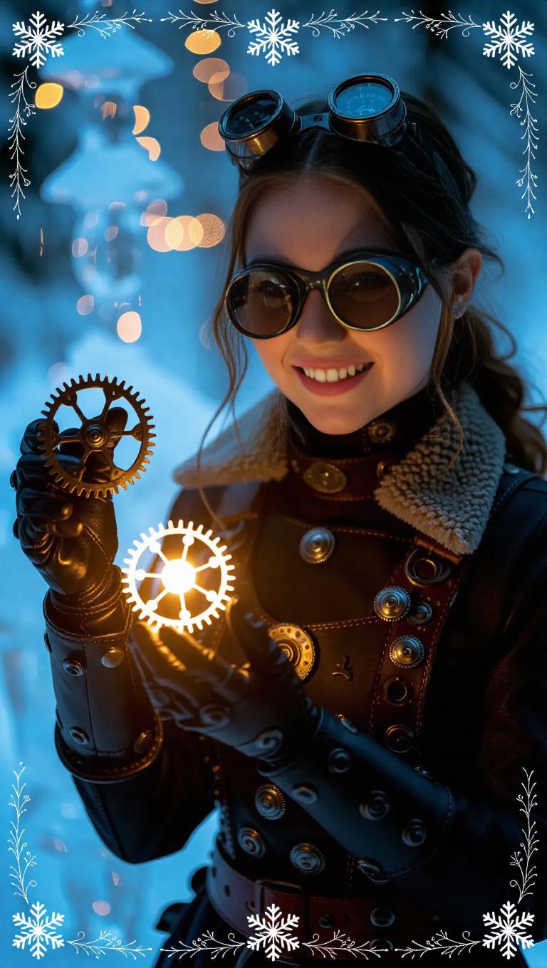 A steampunk inventor girl with a mechanical arm and welding goggles ...