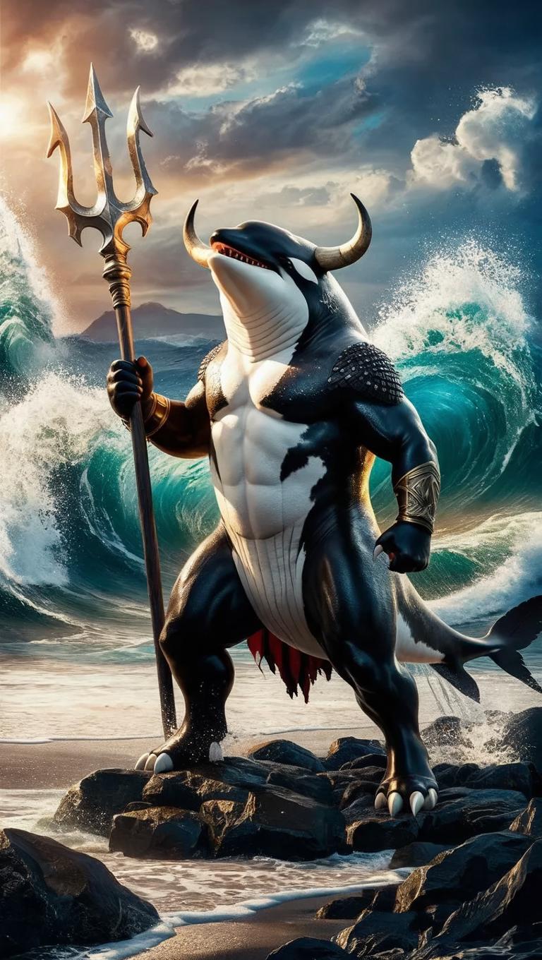 AI-Generated Mythical Orca-Bull Warrior, Victory Pose, Trident, Rocky ...