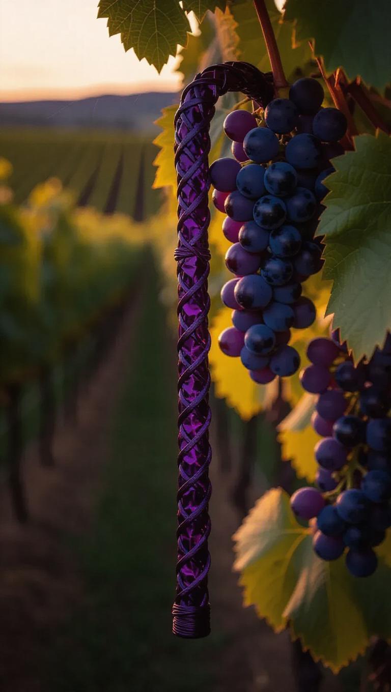 A whip intricately woven from grape vines, with a deep, purple core ...