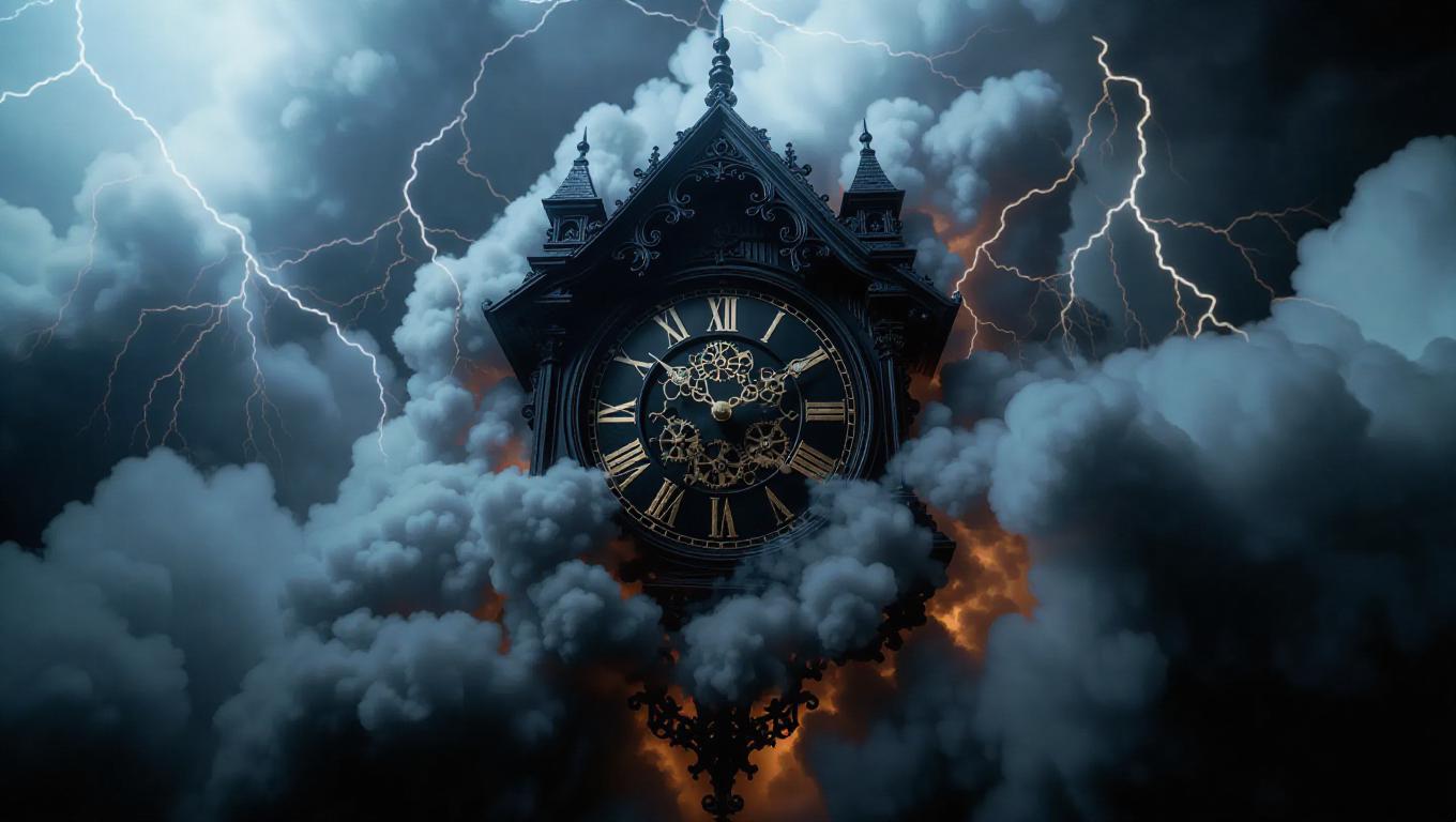 Clock Spring Storm A majestic Black Forest-style clock towering within a roiling ...