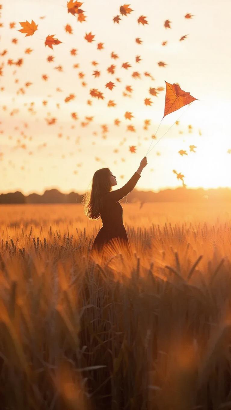 A girl in a field of wheat, flying a kite made of autumn leaves, the ...