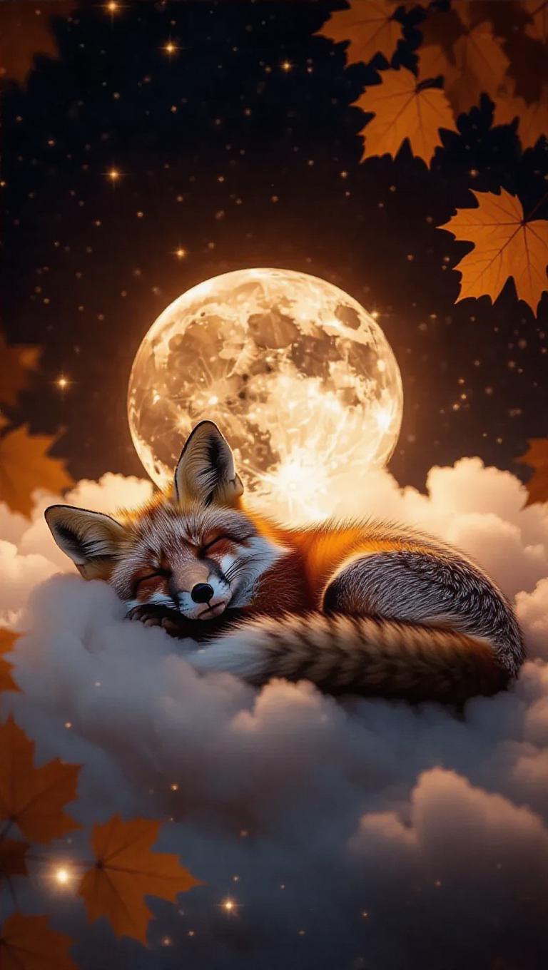 A fox snoozing on a fluffy cloud, illuminated by the soft, warm glow of ...
