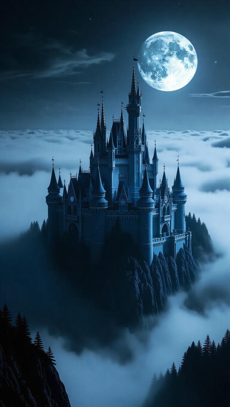 A majestic castle floating above the clouds, bathed in silver moonlight ...