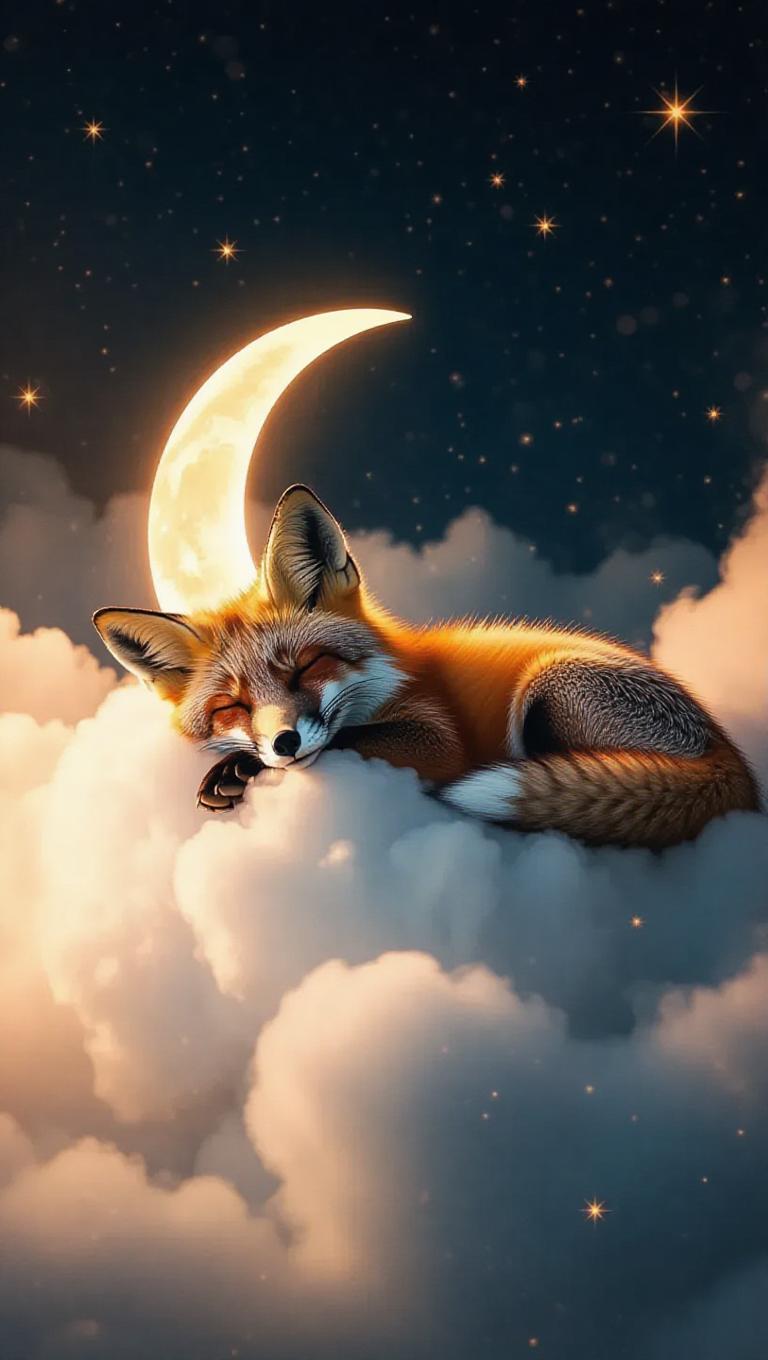 A fox dozing on a cloud, illuminated by the ethereal glow of a crescent ...