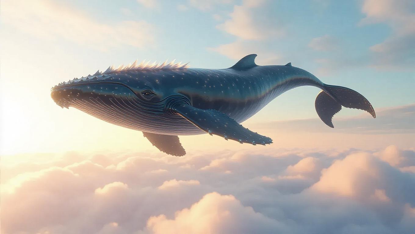 Colossal Orca A colossal whale flying through the morning sky, gliding gently over ...