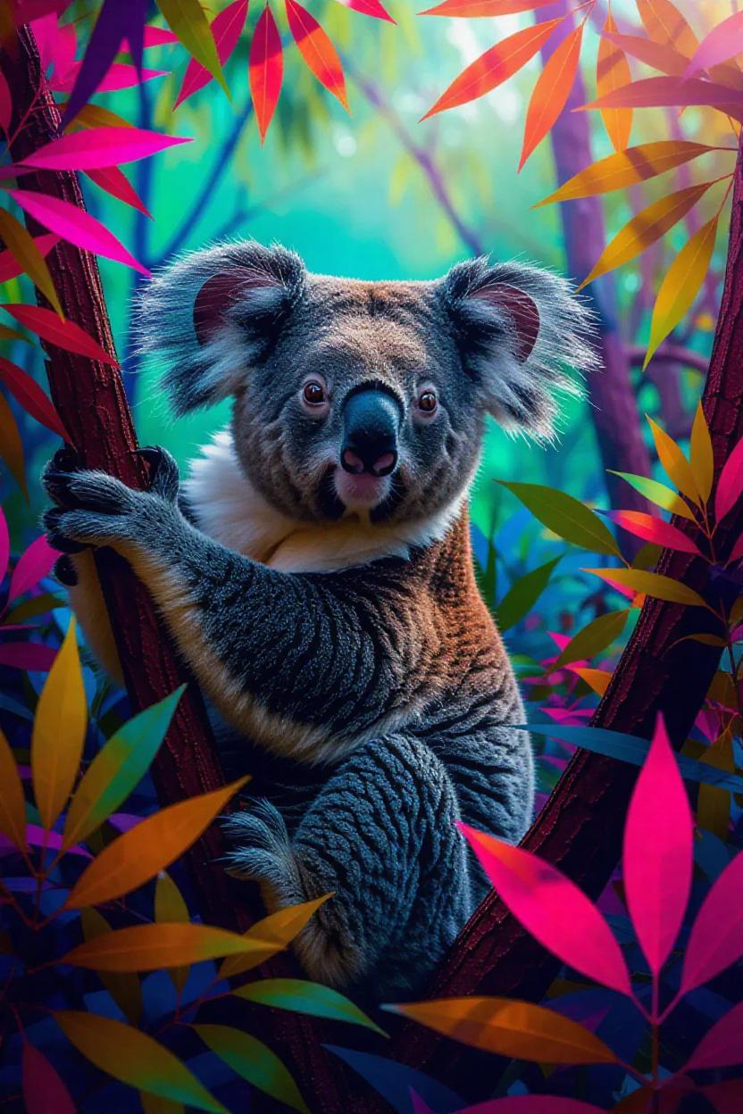 Vibrant, abstract koala in its lush Australian habitat, surrounded by a ...