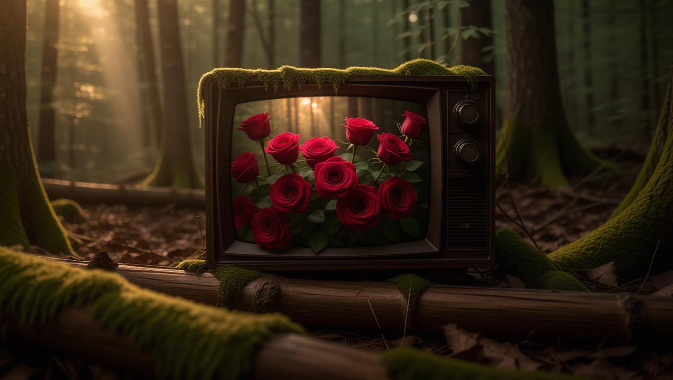 A broken television set nestled in the dense woods, its screen glowing ...