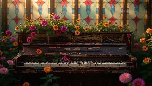 A weathered piano in a lush greenhouse, keys missing and overgrown with ...
