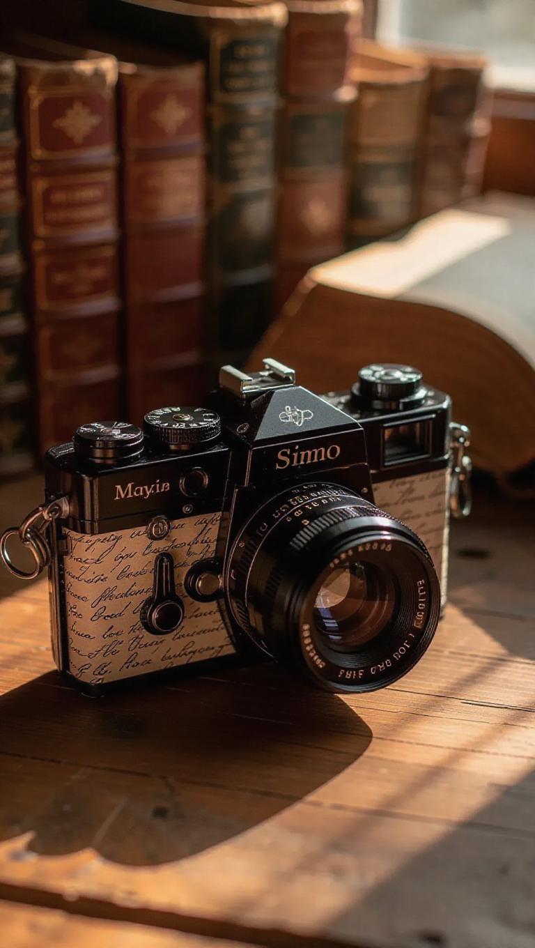 An antique camera with elegant, swirling calligraphy adorning the lens ...