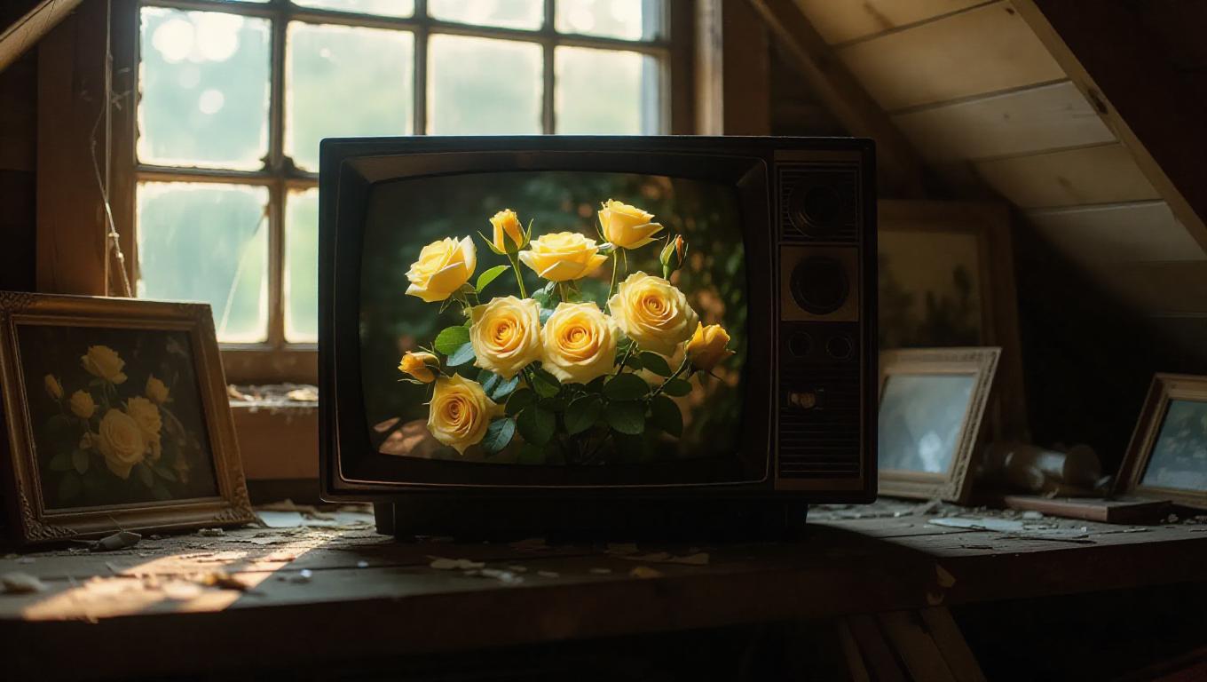 A broken television set nestled in an attic, its screen glowing faintly ...