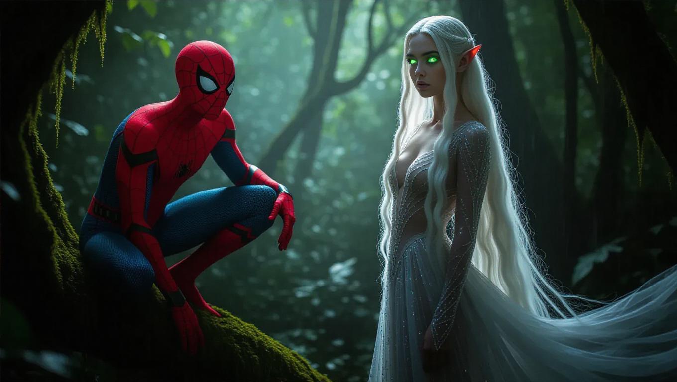 An elven girl with long white hair and glowing skin stands in a ...