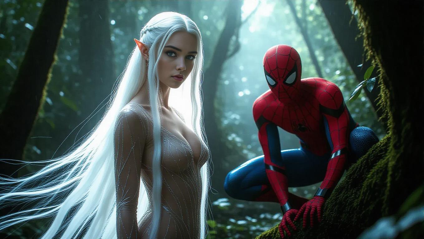 An elven girl with long white hair and glowing skin stands in a ...