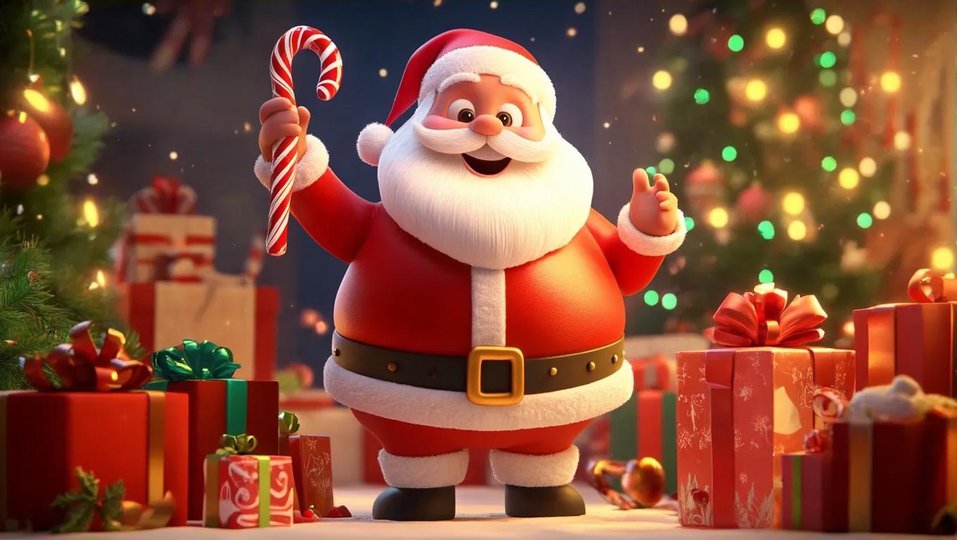 Santa Animatted AI-Generated 3D Animated Santa with Candy Cane, Presents & Holiday ...