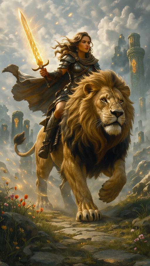 warrior woman rides a lion AI effects generated image
