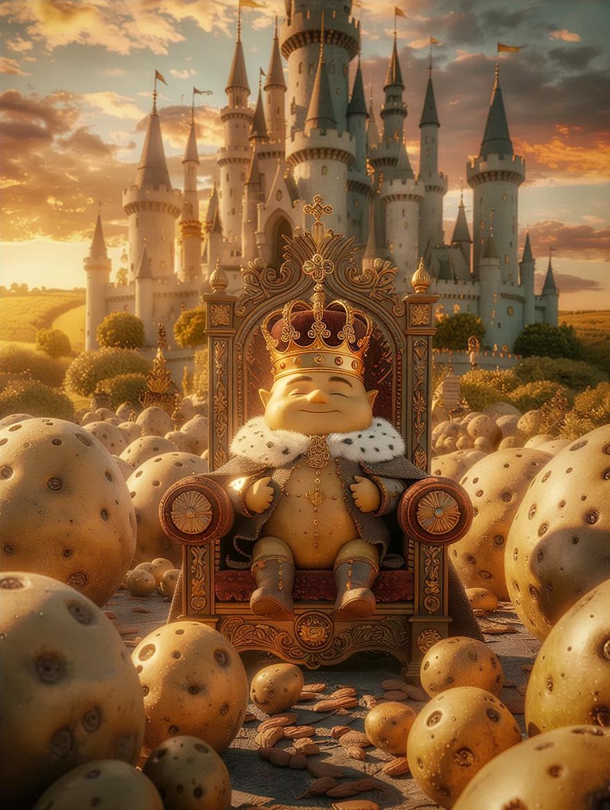 A whimsical, hyper-realistic scene depicting tiny potato king sitting ...