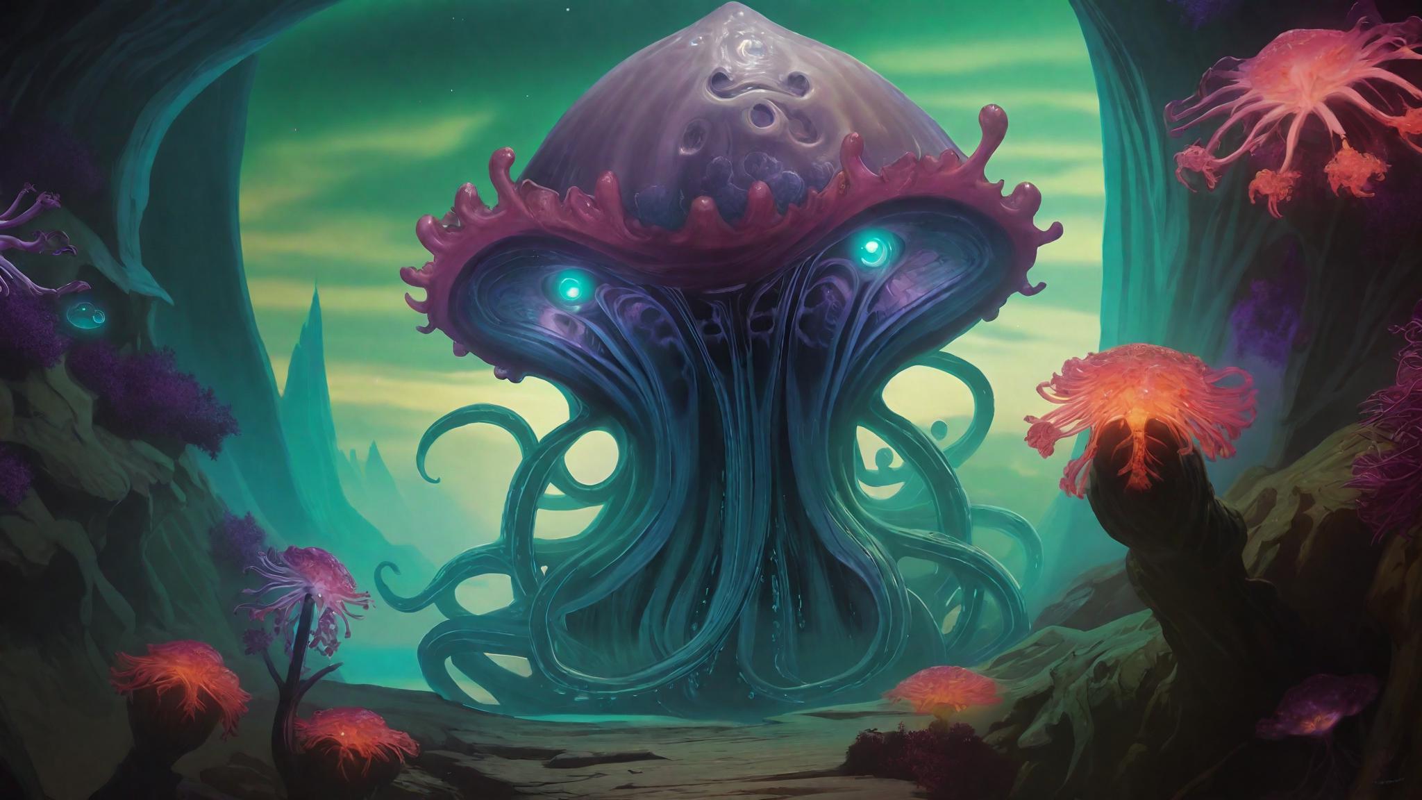 A bioluminescent alien cephalopod with iridescent, undulating tentacles ...